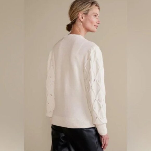 Soft Surroundings Large Preppy Embellished Meryl Cable Cardigan in Ivory Pearl - Picture 2 of 10